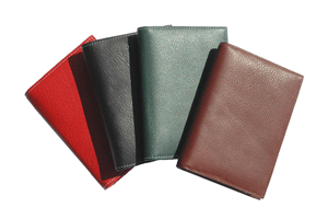 red, green, tan and black leather mini pocket organizers